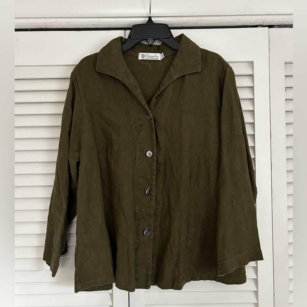 Olive Green Linen 3/4 Sleeve Blouse